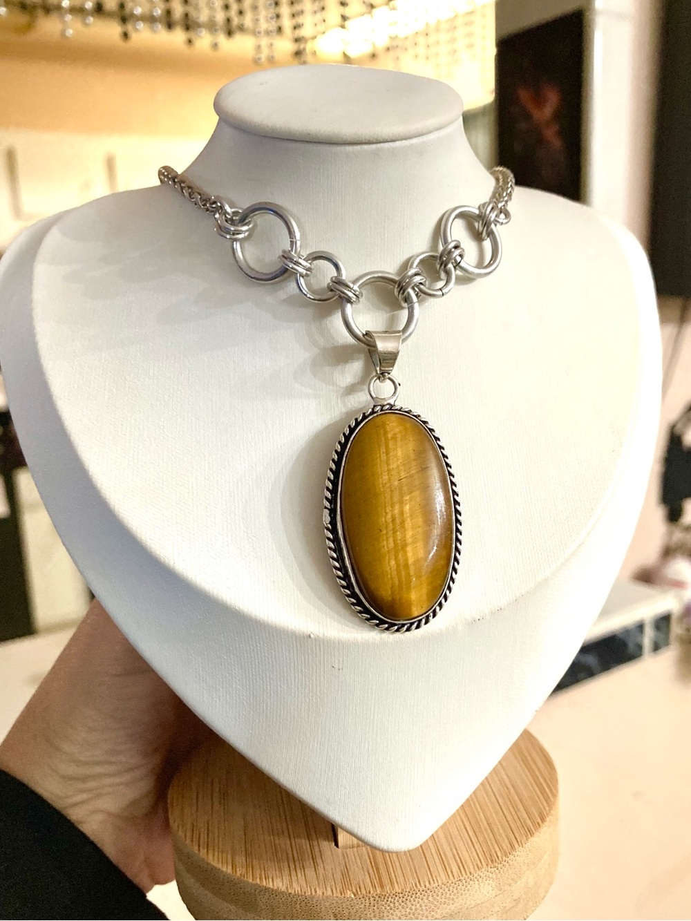 Genuine golden tiger eye gemstone boho oval medallion charm silver necklace - Picture 13 of 14